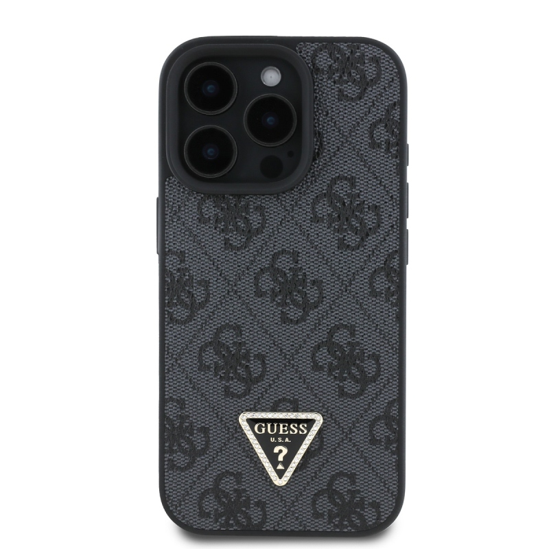Guess PU 4G Strass háromszög fém logó hátlap + keresztpánt iPhone 16 Pro fekete színűre