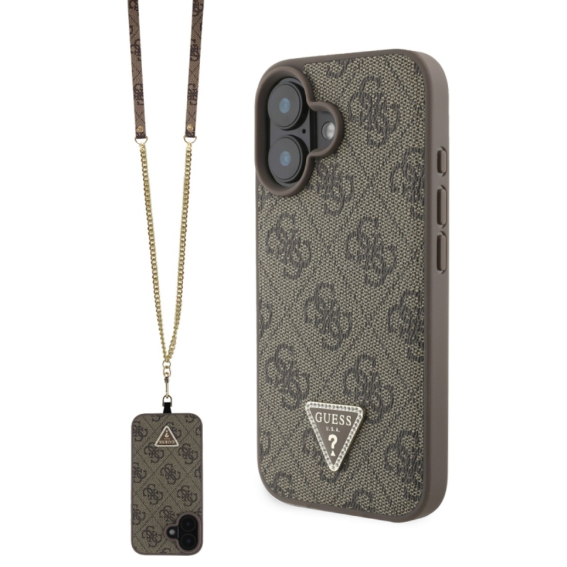 Guess PU 4G Strass háromszög fém logó hátlap + Keresztpánt iPhone 16 barna 16-hoz barna
