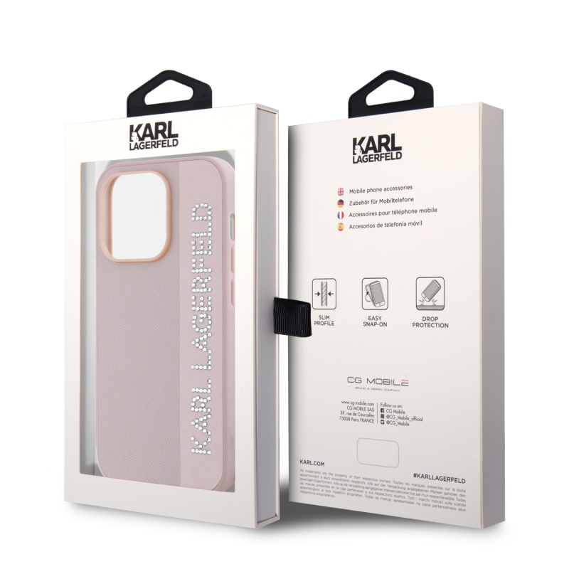 Karl Lagerfeld PU Saffiano strasszos varázslatos hátsó borító iPhone 14 Pro rózsaszínhez