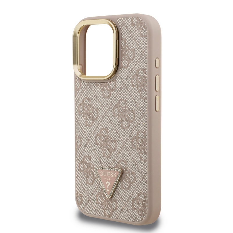 Guess PU 4G Strass háromszög logó állvány kamerakeret MagSafe hátlapi borító iPhone 16 Pro Max rózsaszínhez