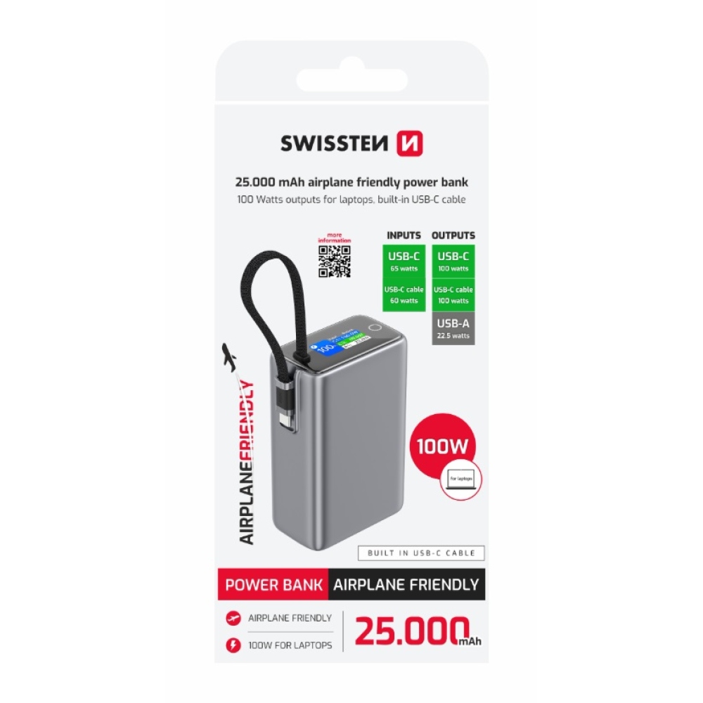 Swissten Travel Powerbank 25000 mAh (96.25Wh) 100 W integrált USB-C kábellel - szürke