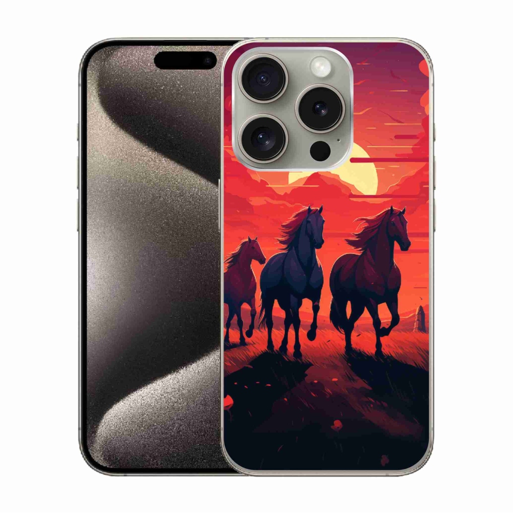 Zselés borítás mmCase iPhone 15 Pro készülékhez - lovak és naplemente