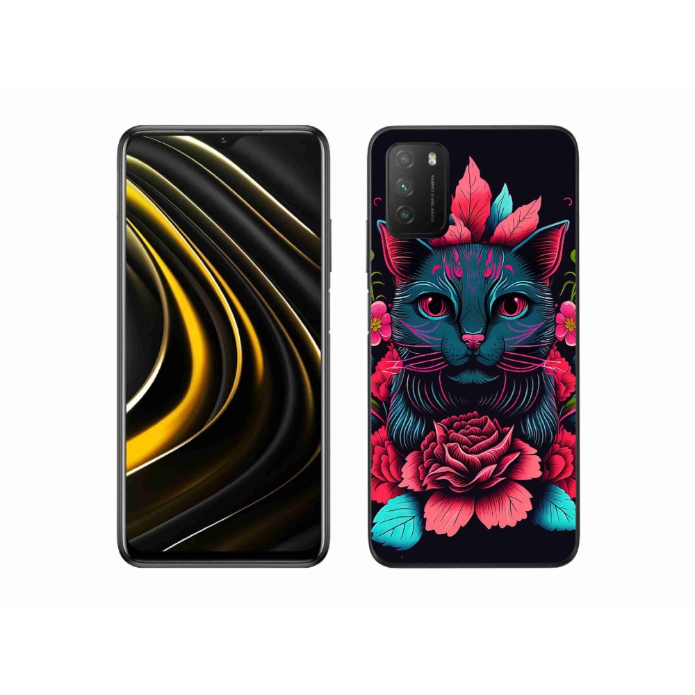 Gél borító mmCase a Xiaomi Poco M3-hoz - virágok és macska