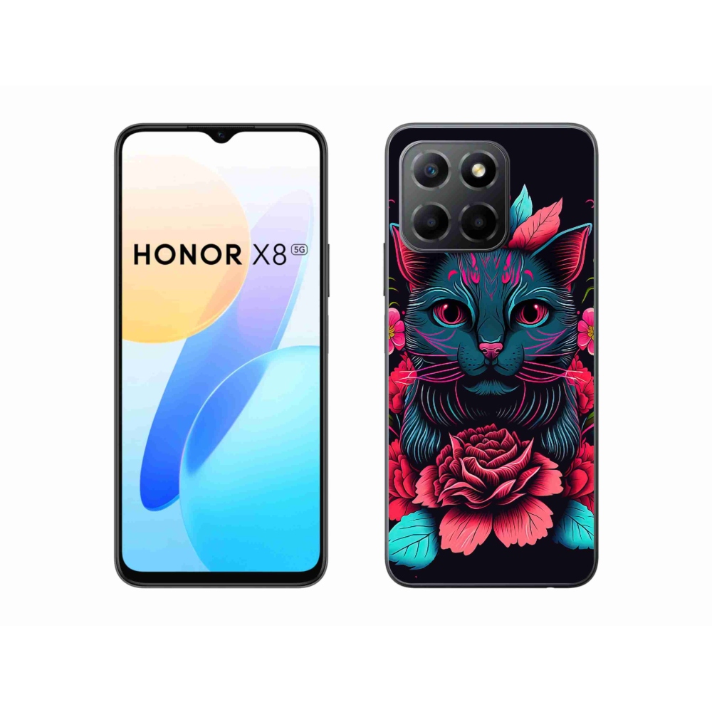 Gél borító mmCase a Honor X8 5G számára - virágok és macska