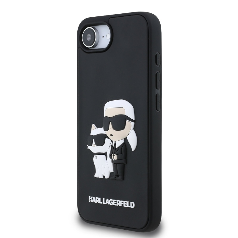 Karl Lagerfeld 3D gumiból készült Karl és Choupette hátlap iPhone 16e készülékhez Fekete