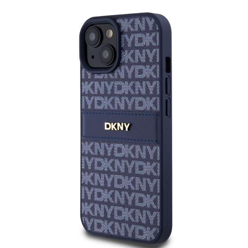 DKNY PU bőr ismétlődő mintás tonális csíkos hátlapi borító iPhone 15 kékhez