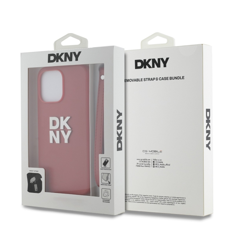 DKNY PU bőr Stack Logo csuklópánt hátlapi borító iPhone 14 Pro Max-hoz piros