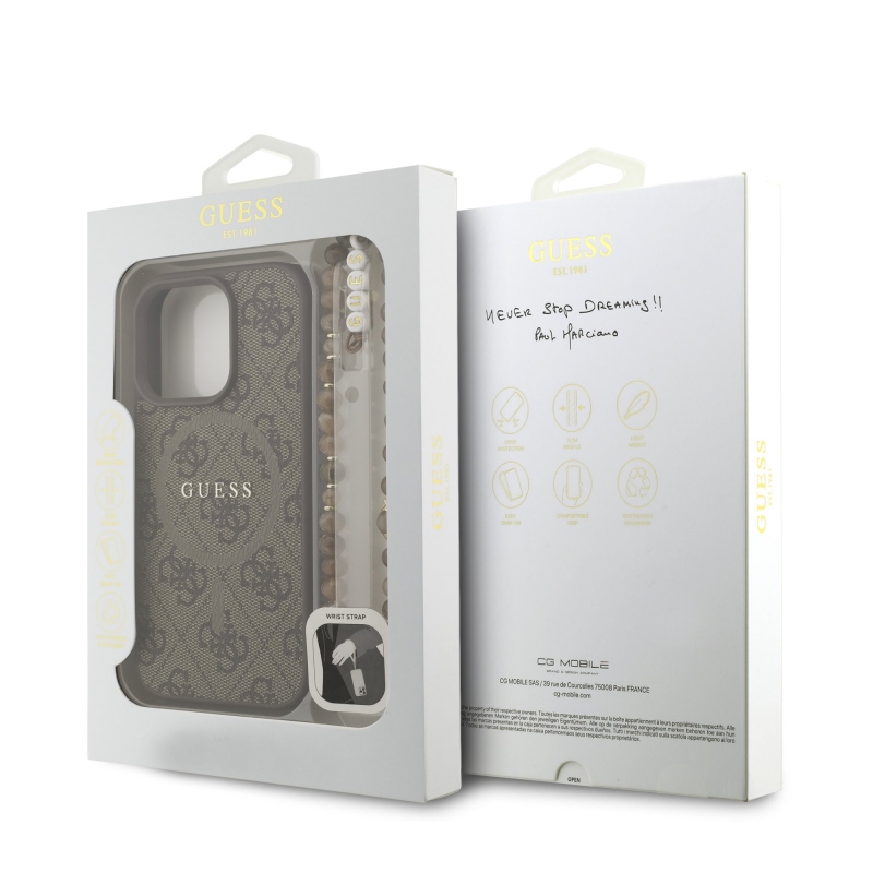 Guess PU bőr 4G színes gyűrűs pánt MagSafe hátsó borító iPhone 16 Pro Max-hoz barna barna