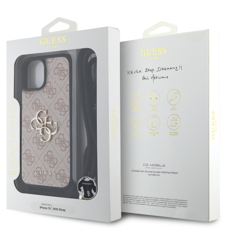 Guess PU 4G fém logó fém keresztpánt hátlapi borító iPhone 15 rózsaszínhez