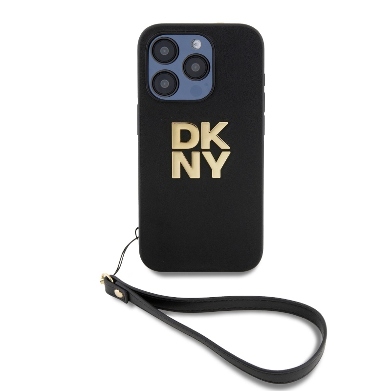 DKNY PU bőr Stack Logo csuklópánt hátlapi borító iPhone 14 Pro Fekete