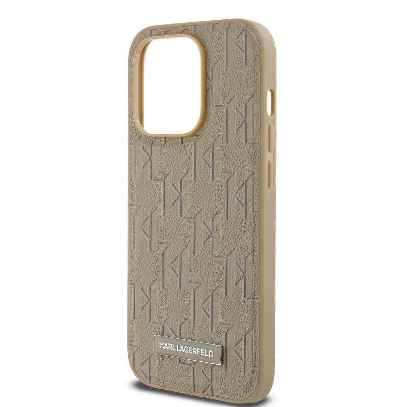 Karl Lagerfeld PU bőr monogram fém logó Magsafe hátlap iPhone 14 Pro bézs színű borítóhoz