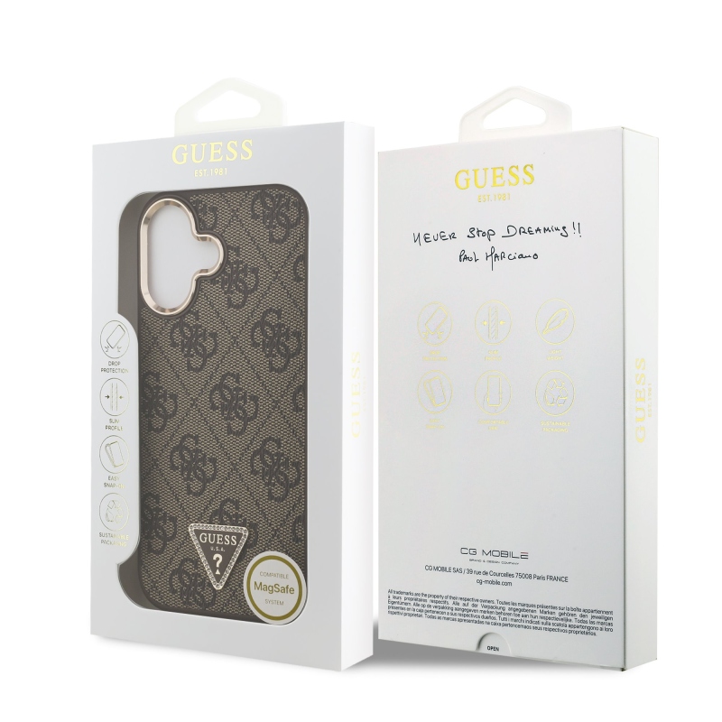Guess PU bőr 4G háromszög logó arany keret MagSafe hátlapi borító iPhone 17 barna 17 barna