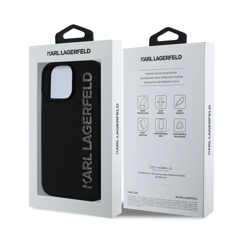 Karl Lagerfeld 3D gumiból készült, csillogó logós hátlap iPhone 16 Pro Max készülékhez Fekete