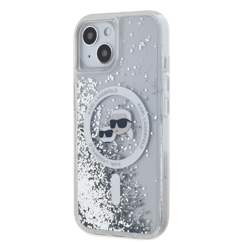 Karl Lagerfeld Liquid Glitter Karl és Choupette fejek MagSafe hátlap iPhone 15-hez Átlátszó