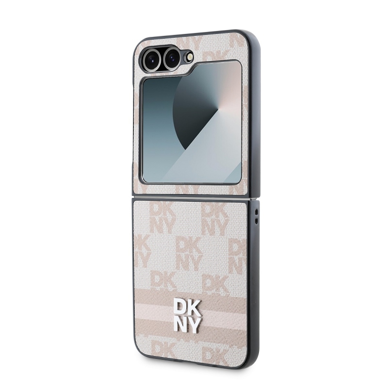 DKNY PU bőr kockás mintás és csíkos hátsó borító Samsung Galaxy Z Flip 6 rózsaszínűhöz