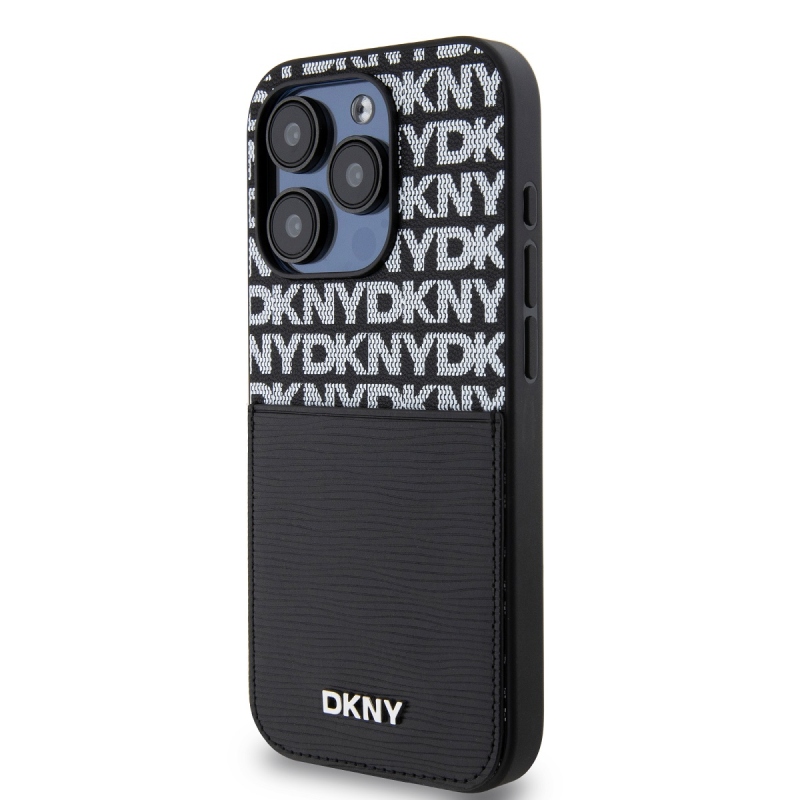 DKNY PU bőr Ismétlődő mintás kártya zseb hátsó borító iPhone 14 Pro Fekete