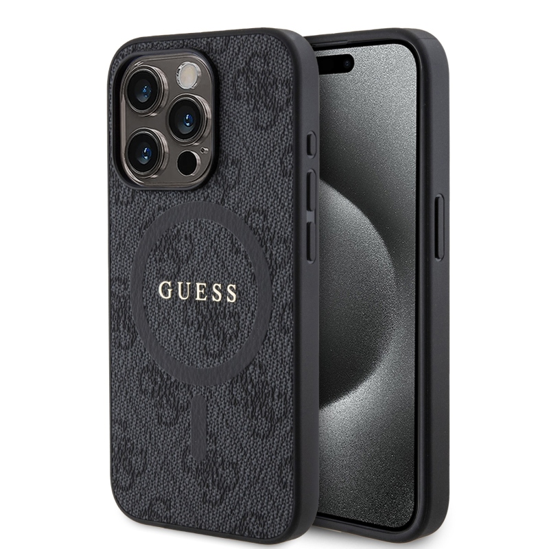 Guess PU bőr 4G színes gyűrűs MagSafe hátlap iPhone 15 Pro Fekete
