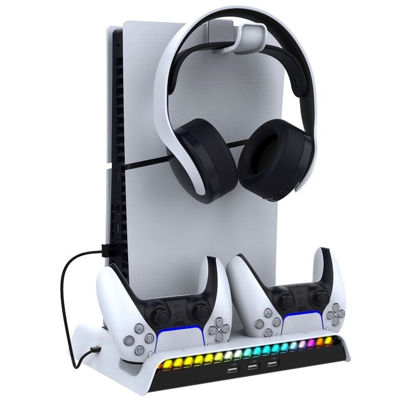 iPega P5S006 Többfunkciós újratölthető RGB állvány hűtéssel a PS5 Slim fehér színhez