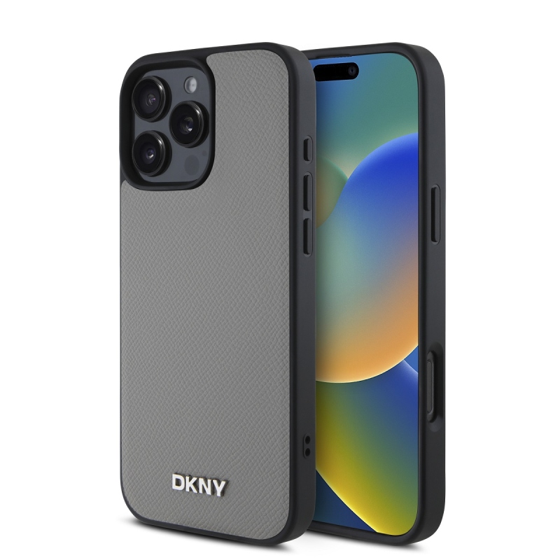 DKNY PU bőr ezüst fém logó Magsafe hátlap iPhone 16 Pro Max szürke szürkéhez
