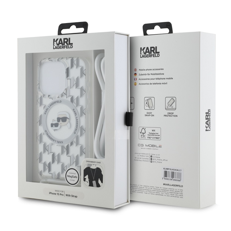 Karl Lagerfeld IML Monogram Kereszttest K&CH Heads MagSafe hátlap iPhone 15 Pro Max-hoz Átlátszó