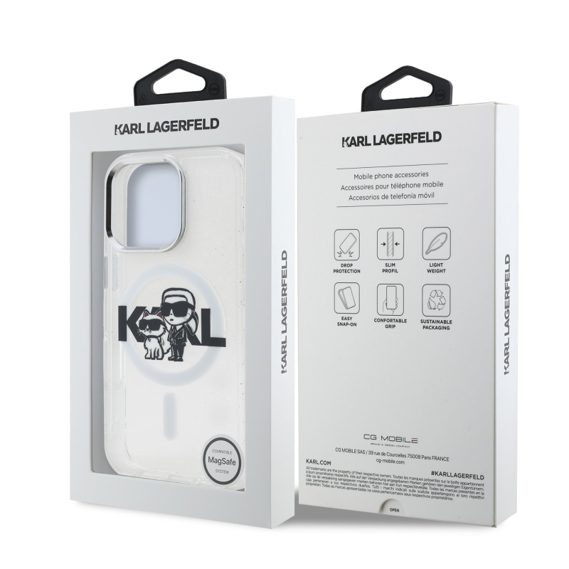 Karl Lagerfeld IML Glitter Karl és Choupette Sketch MagSafe hátlap iPhone 16 Pro átlátszóhoz