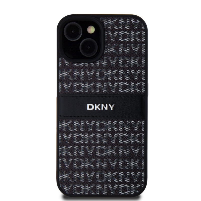 DKNY PU bőr ismétlődő mintás tonális csíkos hátlapi borító iPhone 15-hez Fekete
