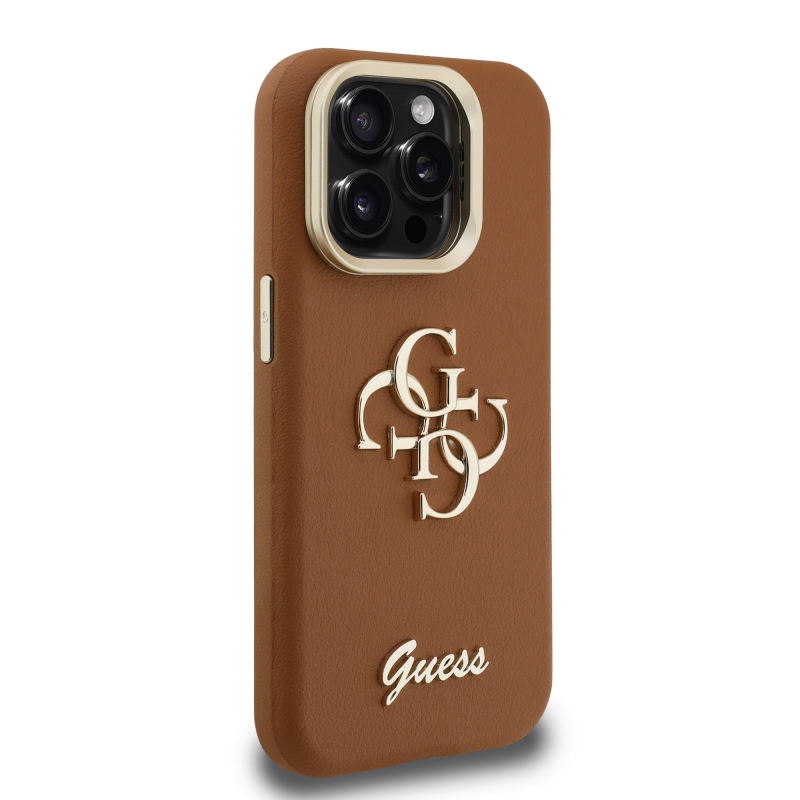 Guess PU szemcsés 4G logós állvány kamerakeret hátlap iPhone 15 Pro Max-hoz barna barna