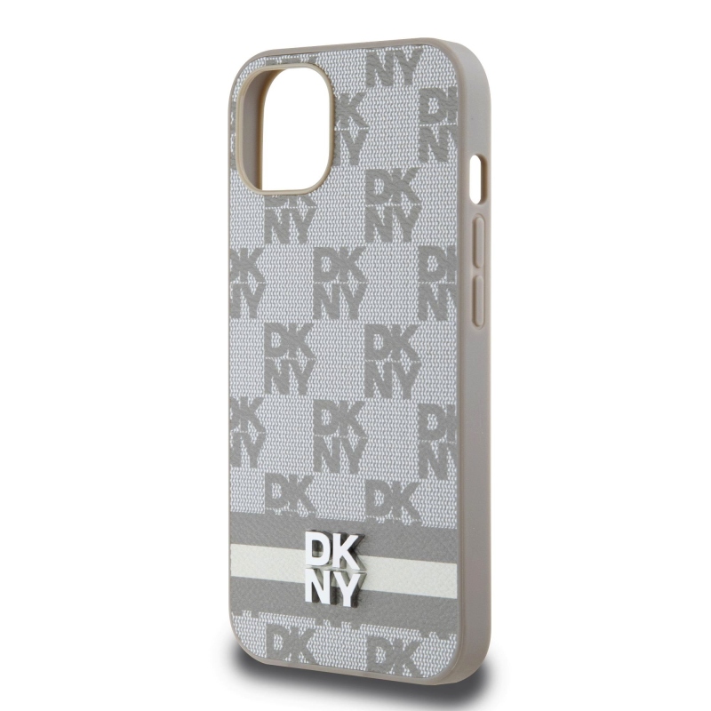 DKNY PU bőr kockás mintás és csíkos hátlapi borító iPhone 13 bézs színű készülékhez