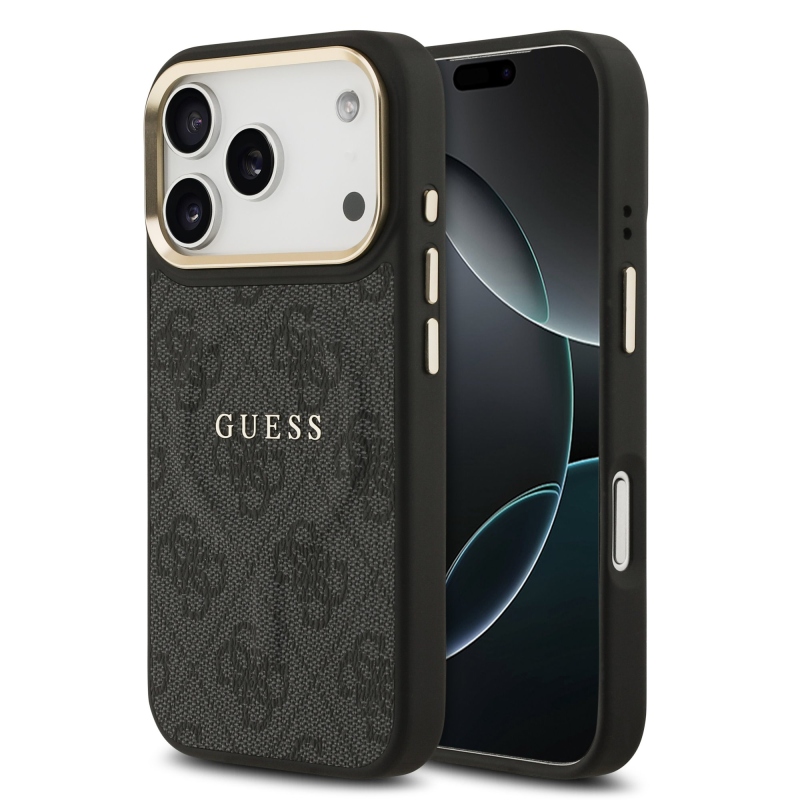 Guess PU bőr 4G aranykeret MagSafe hátlap iPhone 17 Pro Fekete