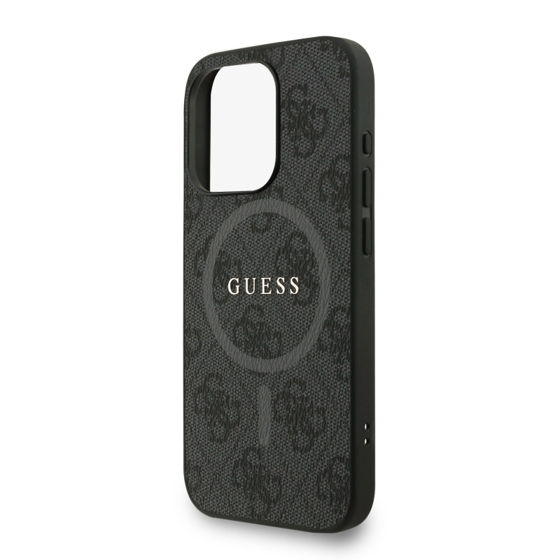 Guess PU bőr 4G színes gyűrűs pánt MagSafe hátsó borító iPhone 15 Pro Fekete