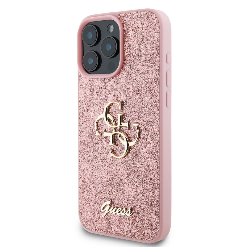 Guess PU Fixed Glitter 4G fém logós hátlap iPhone 16 Pro rózsaszínhez