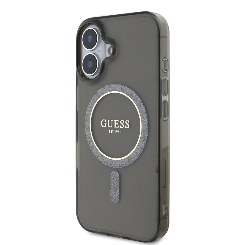 Guess IML Glitter Ring MagSafe hátlap iPhone 16-hoz Fekete