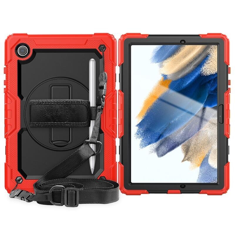 Méz hibrid tartós borító pánttal és kéztartóval Samsung Galaxy Tab A8 10.5 (2021) - fekete/piros
