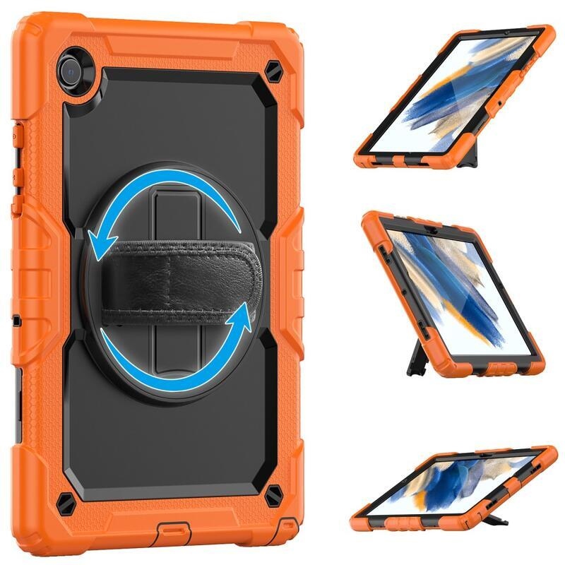 Méz hibrid tartós borító pánttal és kéztartóval Samsung Galaxy Tab A8 10.5 (2021) táblagéphez - fekete/narancs