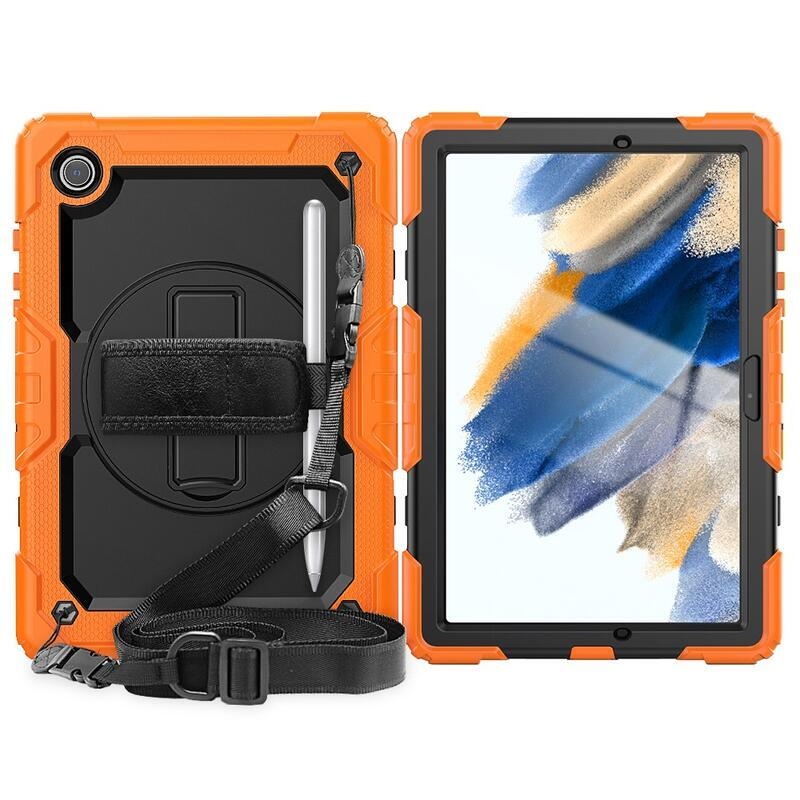 Méz hibrid tartós borító pánttal és kéztartóval Samsung Galaxy Tab A8 10.5 (2021) táblagéphez - fekete/narancs