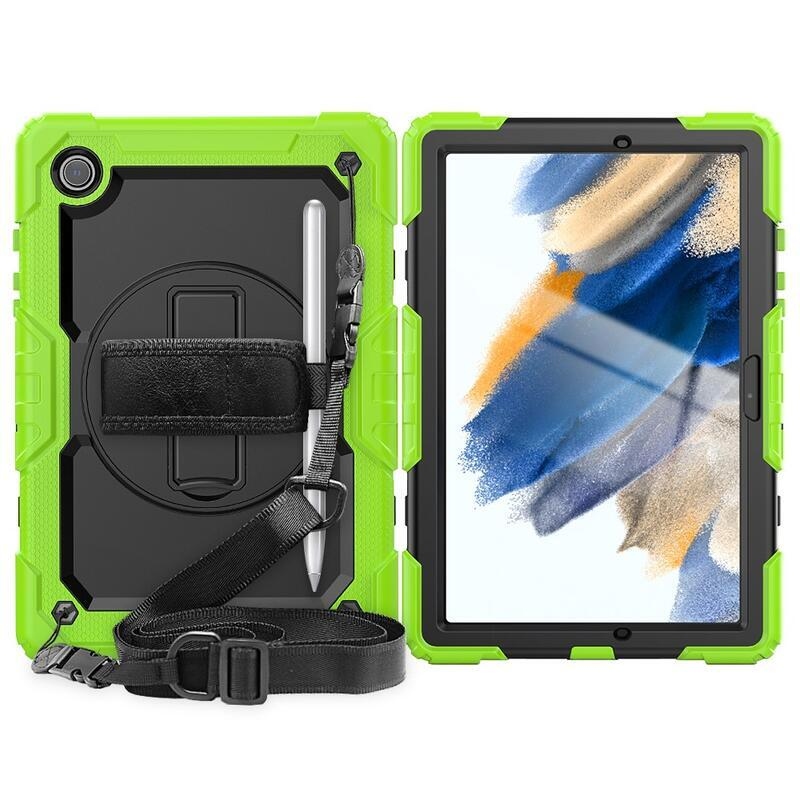 Méz hibrid tartós borító pánttal és kéztartóval Samsung Galaxy Tab A8 10.5 (2021) - fekete/zöld