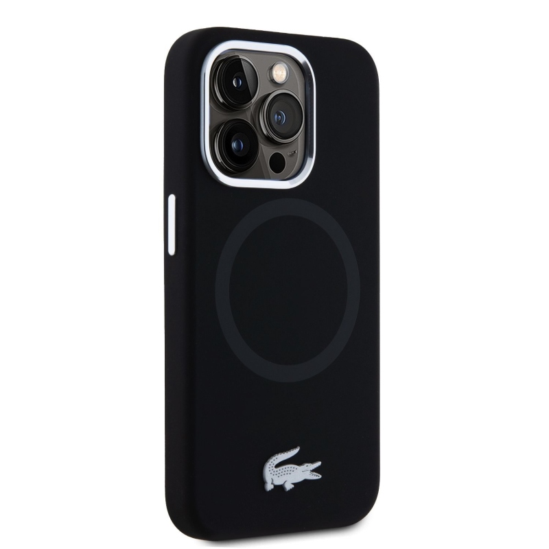 Lacoste Liquid Silicone Microfiber Silver Croc Logo MagSafe hátlap iPhone 15 Pro Fekete