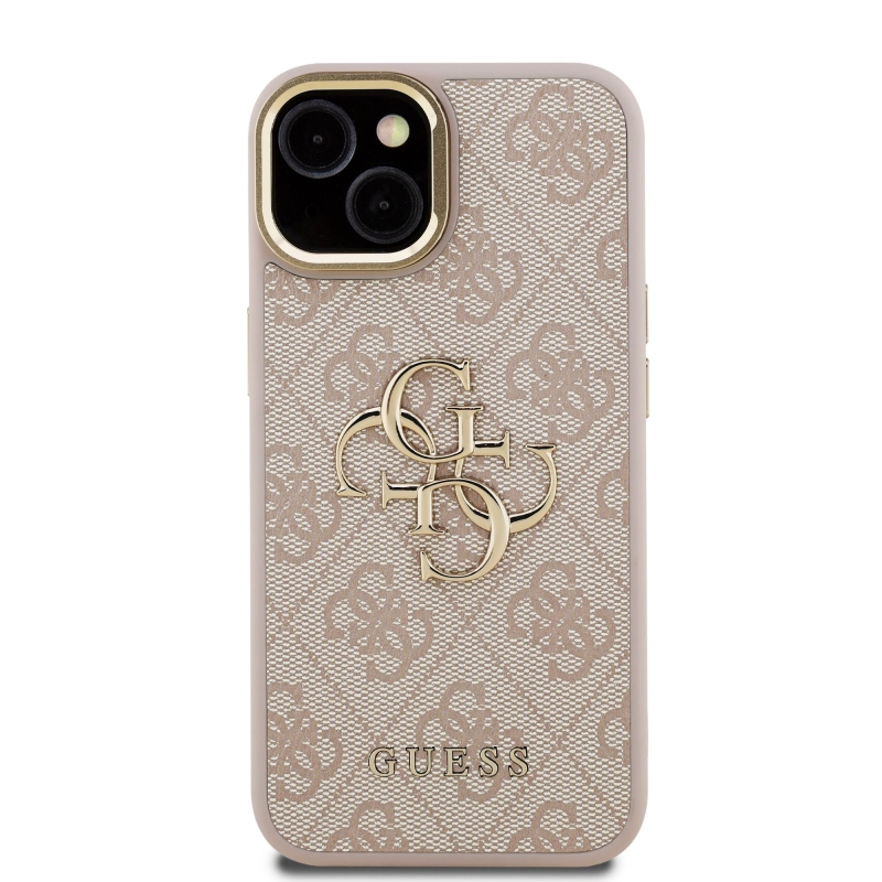 Guess PU 4G fém logó állvány kamera keret hátlap iPhone 15 rózsaszín
