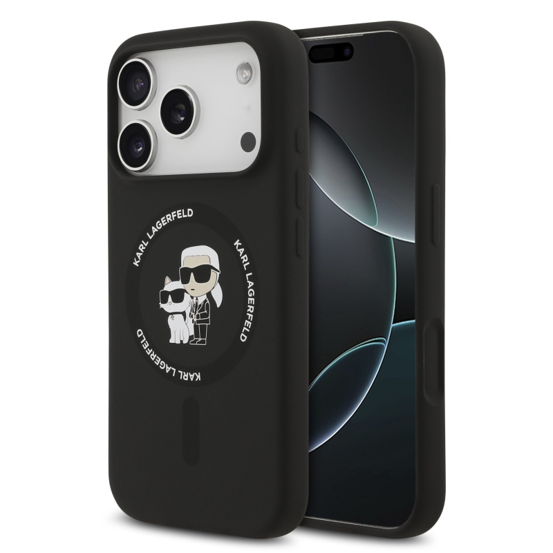 Karl Lagerfeld Folyékony szilikon Karl és Choupette MagSafe hátlap iPhone 17 Pro-hoz Fekete