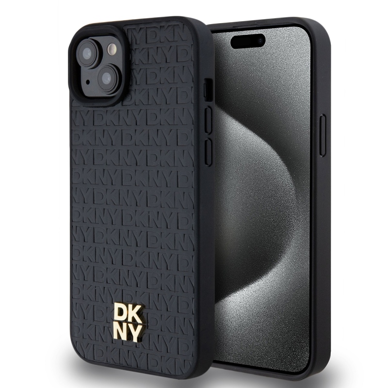 DKNY PU bőr Ismétlődő mintás Stack Logo Magsafe hátlap iPhone 13-hoz Fekete