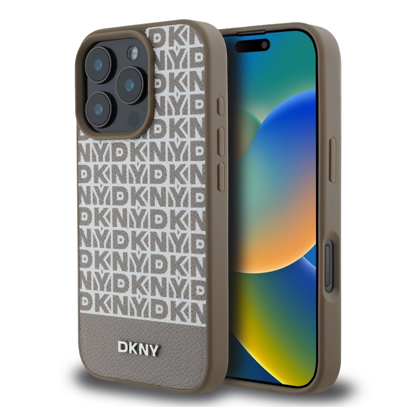 DKNY PU bőr Ismétlődő mintás alsó csík MagSafe hátlap iPhone 16 Pro barna színű borítóhoz