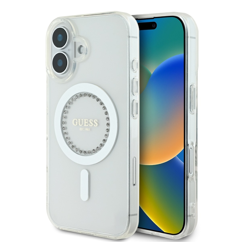 Guess IML strasszos gyűrű MagSafe hátlapi borító iPhone 16-hoz Fehér