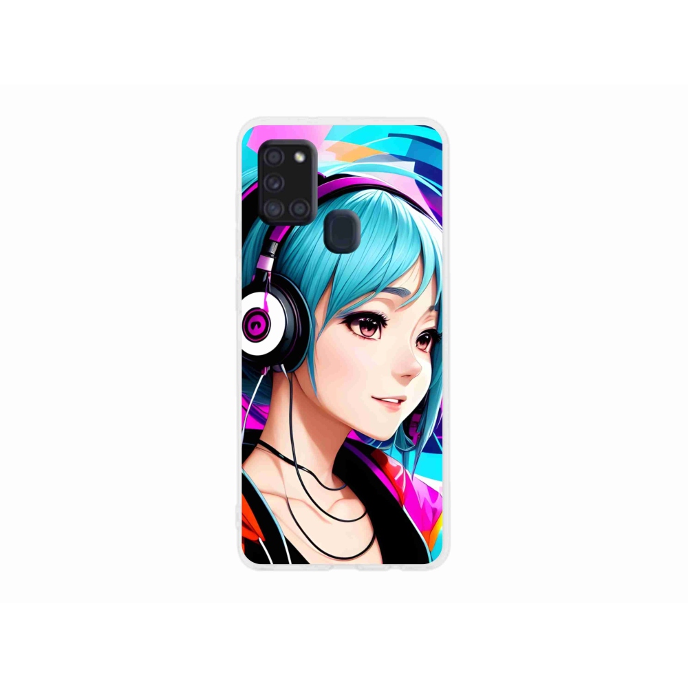 Gél borítás mmCase Samsung Galaxy A21s készülékhez - lány fejhallgatóval