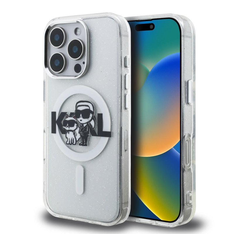 Karl Lagerfeld IML Glitter Karl és Choupette Sketch MagSafe hátlap iPhone 16 Pro átlátszóhoz