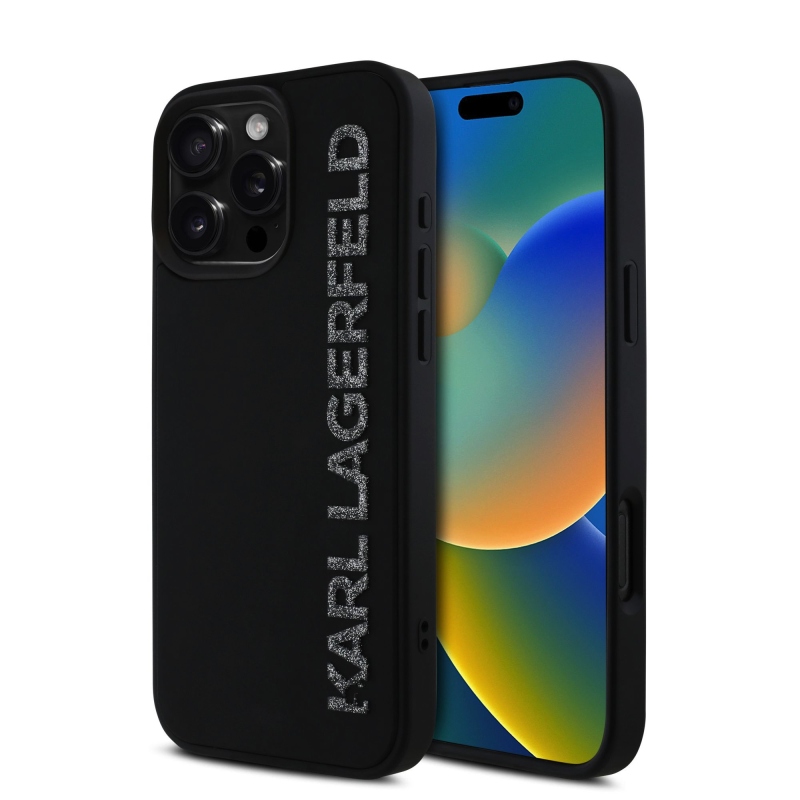 Karl Lagerfeld 3D gumiból készült, csillogó logós hátlap iPhone 16 Pro Max készülékhez Fekete