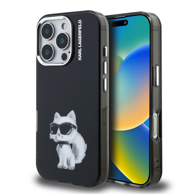 Karl Lagerfeld IML Aquarelle Choupette hátlap iPhone 16 Pro Max-hoz Fekete