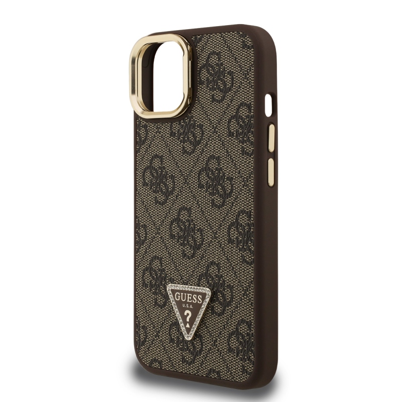 Guess PU 4G Strass háromszög logó állvány kamera keret MagSafe hátlapi borító iPhone 15 barna barna