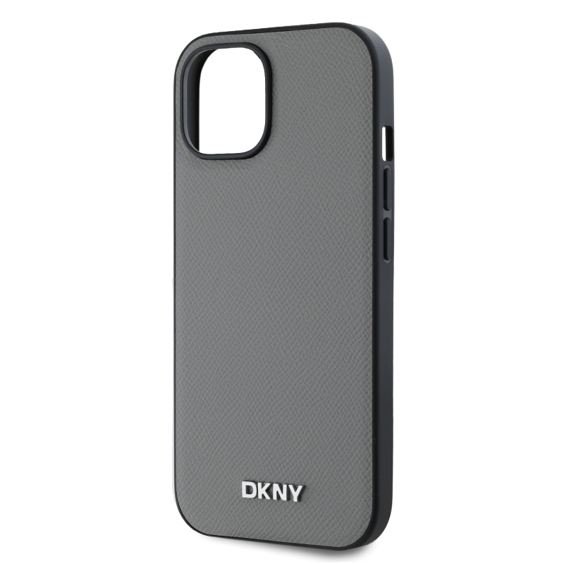 DKNY PU bőr ezüst fém logó Magsafe hátlap iPhone 14 szürke szürkéhez