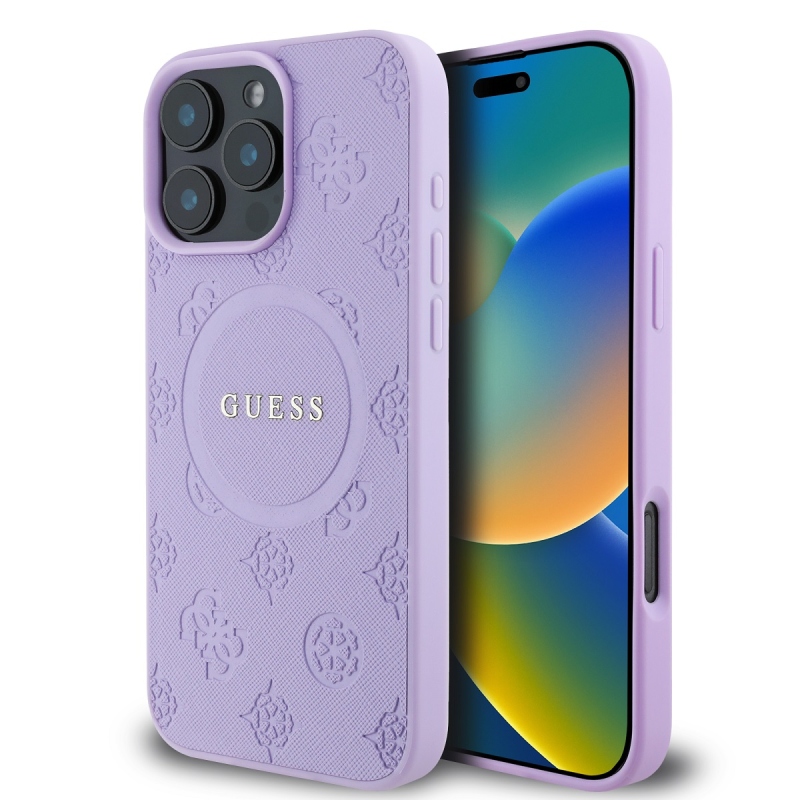 Guess Saffiano bazsarózsa bélyegzős MagSafe hátlap iPhone 16 Pro lila borítóhoz