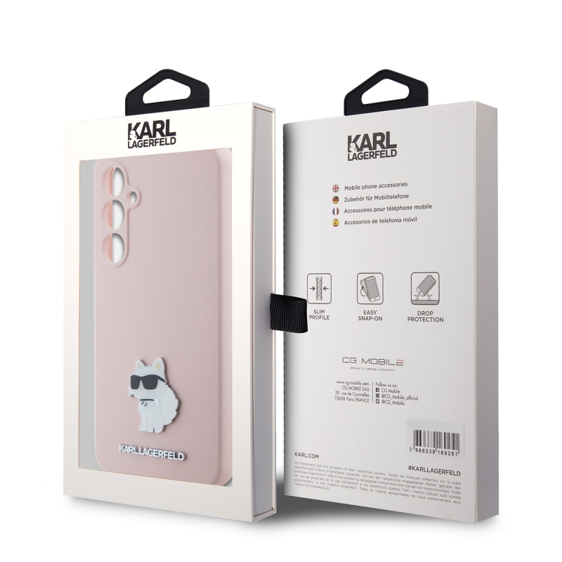 Karl Lagerfeld Folyékony szilikon fém Choupette hátlap Samsung Galaxy S23 FE rózsaszínű hátlaphoz